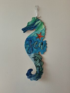 Coastal Seahorse Wall Art - Blue/Green with Orange Starfish